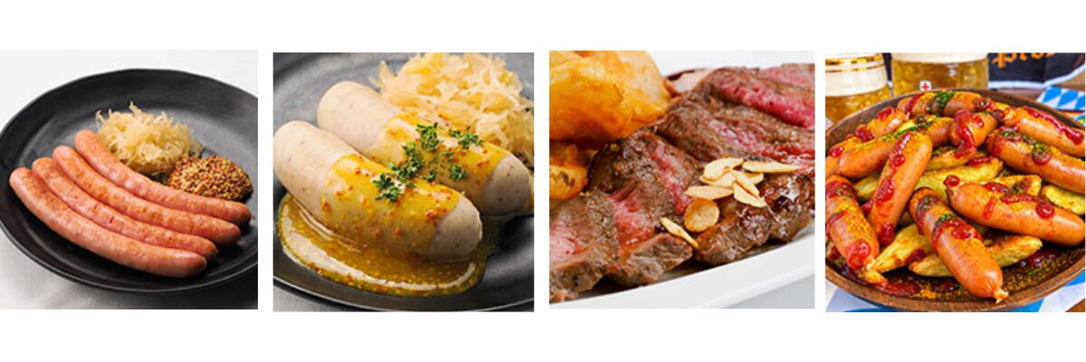 Bratwurst, Weisswurst, steak with potatoes and Currywurst