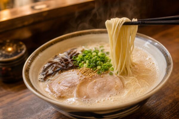 博多ラーメンの白濁豚骨スープと細麺