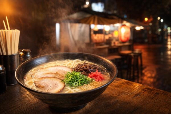 博多ラーメンの歴史をイメージした豚骨ラーメンと屋台