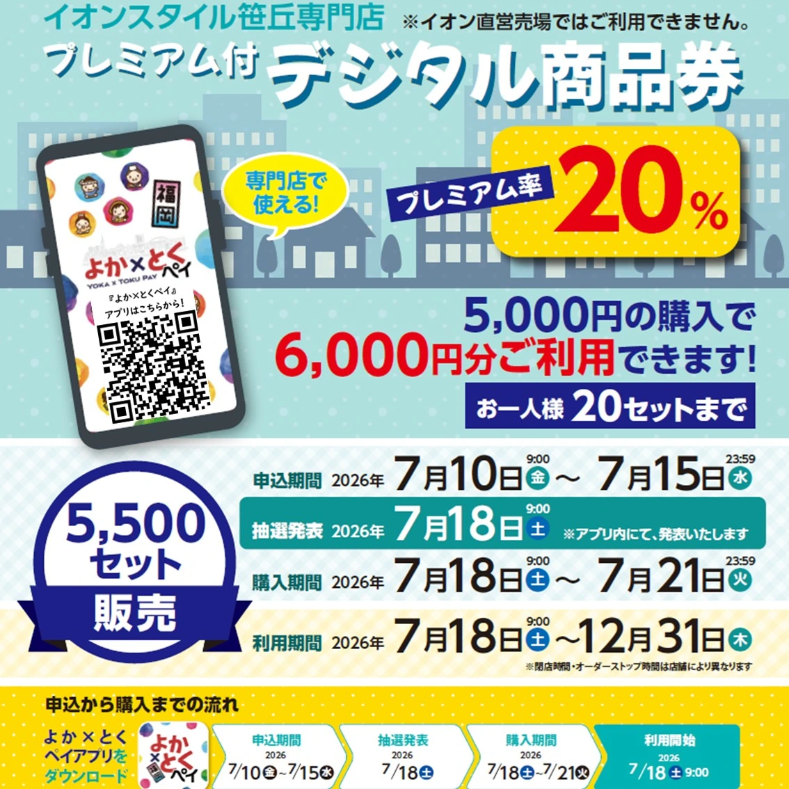 イオンスタイル笹丘専門店プレミアム付デジタル商品券2026の販売額、申込、抽選、購入、利用期間を示す公式告知