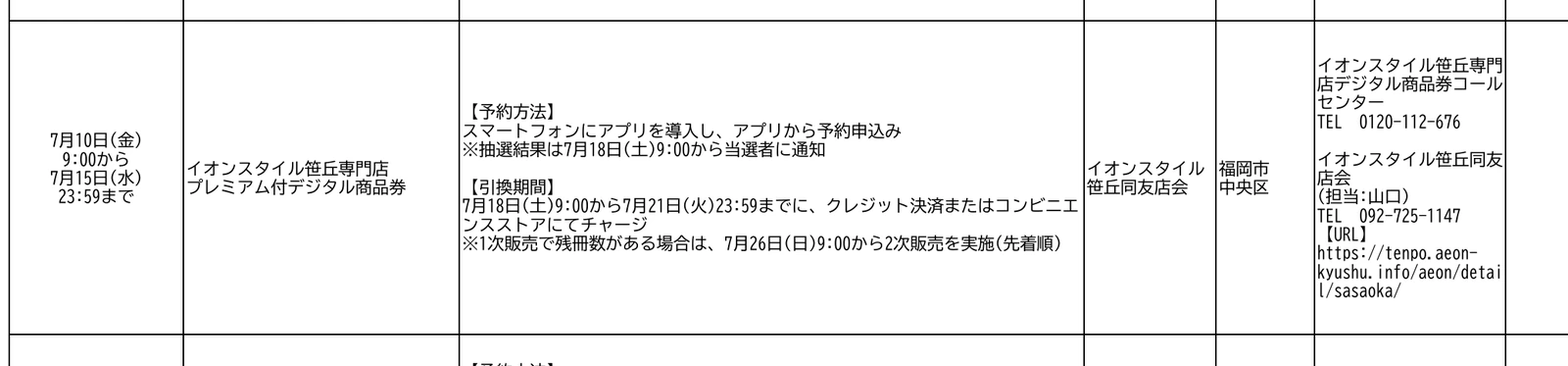 福岡県の資料に掲載されたイオンスタイル笹丘専門店プレミアム付デジタル商品券2026の予約、購入、2次販売予定