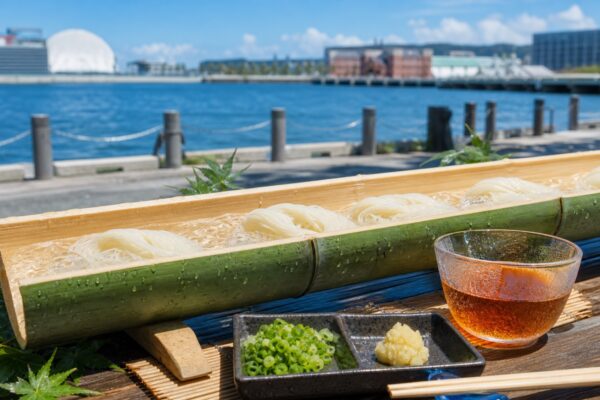 港を背景に竹樋を流れる冷たいそうめんと、めんつゆ・薬味を並べた夏のイメージ