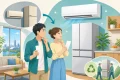 福岡市の省エネ家電買い替え補助でエアコンと冷蔵庫を比較する家族のイラスト