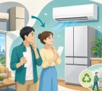 福岡市の省エネ家電買い替え補助でエアコンと冷蔵庫を比較する家族のイラスト