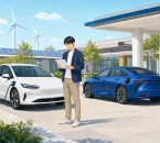 再生可能エネルギーを使うEVと水素ステーションのFCVを比較するイラスト