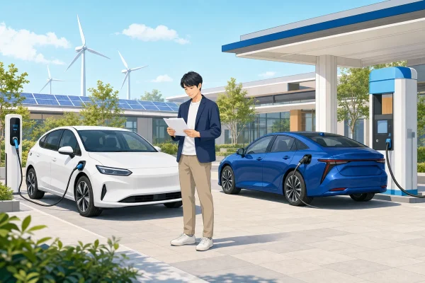 再生可能エネルギーを使うEVと水素ステーションのFCVを比較するイラスト