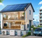 太陽光発電・蓄電池・V2H・エコキュートなどを備えた福岡市の住宅イラスト