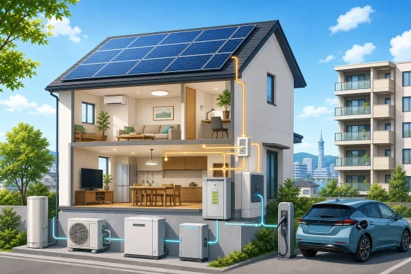太陽光発電・蓄電池・V2H・エコキュートなどを備えた福岡市の住宅イラスト