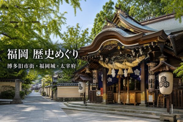 櫛田神社をイメージした社殿と福岡歴史めぐりのアイキャッチ