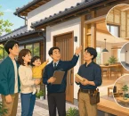 子育て世帯が中古住宅の断熱やバリアフリー改修を確認するイラスト