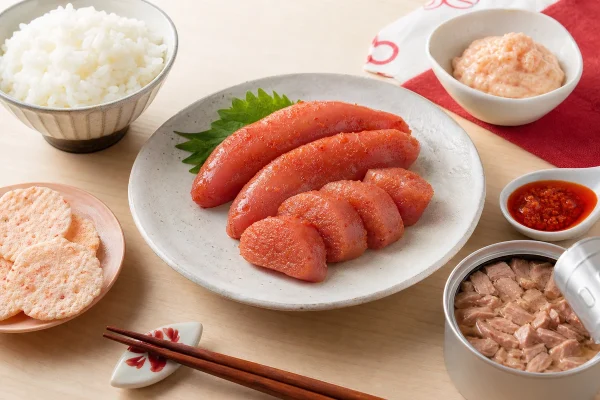 明太子と白ごはん、明太マヨ、ツナ缶、せんべいを並べた福岡の明太子ブランドガイドのイメージ