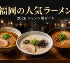 豚骨・醤油・味噌のラーメン三杯と『福岡の人気ラーメン 2026 ジャンル別ガイド』の文字