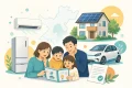 福岡県の省エネ家電・住宅・EVなどの補助制度を家族で確認するイラスト