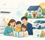 福岡県の省エネ家電・住宅・EVなどの補助制度を家族で確認するイラスト