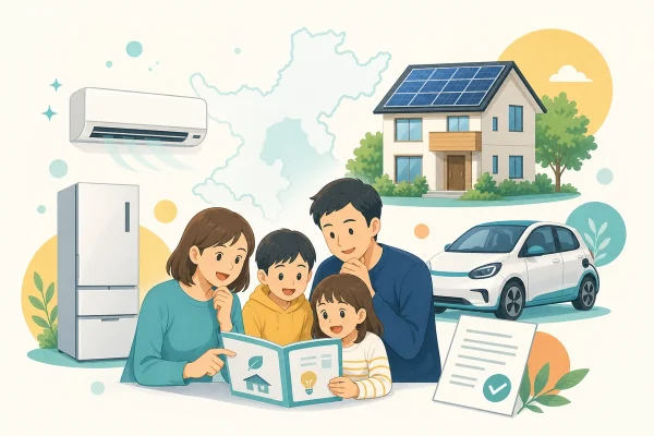 福岡県の省エネ家電・住宅・EVなどの補助制度を家族で確認するイラスト