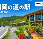 福岡の山並みと道の駅、直売所の農産物を描いた福岡県内17か所の道の駅ガイド