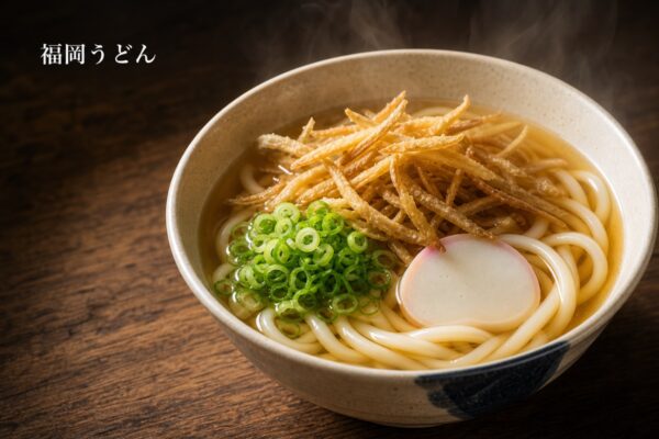 やわらかな太麺にごぼう天、ねぎ、かまぼこをのせた福岡うどんのアイキャッチ画像