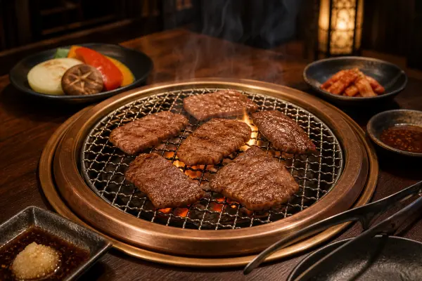 網の上で焼いた牛肉を囲む福岡の焼肉店ガイドのイメージ