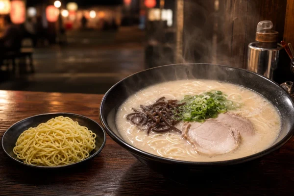 白い豚骨スープのラーメンとカレー風味の替え玉を表現したイメージ
