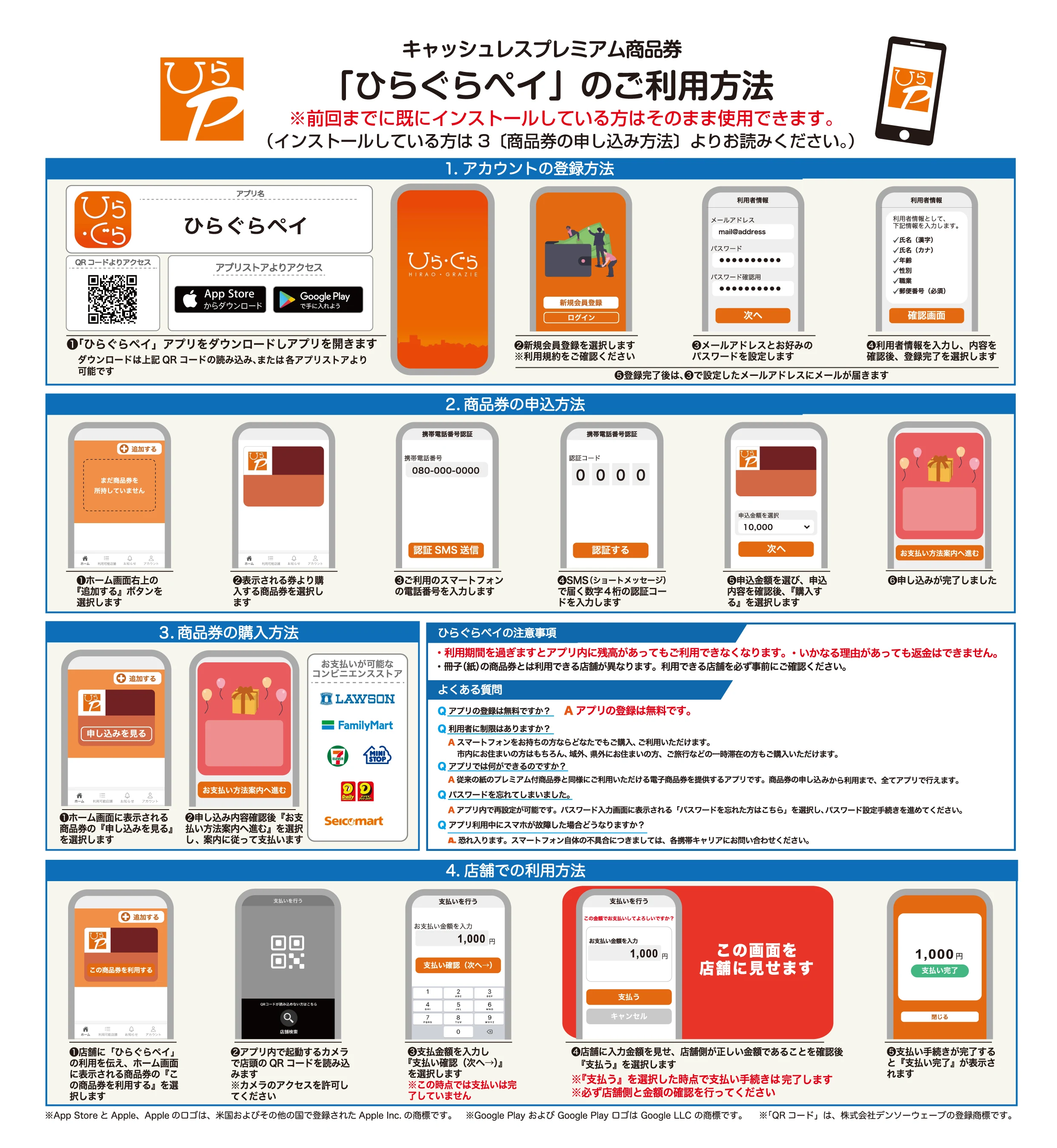 ひらぐらペイ第8弾のアカウント登録、商品券申込、コンビニ購入、店舗決済の手順を示す公式利用ガイド