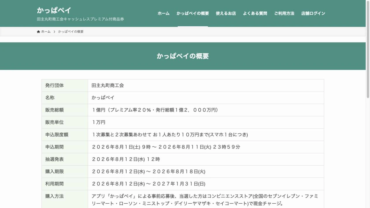 かっぱペイ公式サイトに掲載された販売総額、申込期間、抽選発表、購入期限、利用期間の概要表