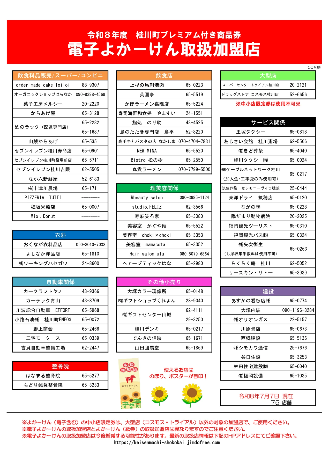 2026年7月7日現在75店舗を掲載した電子よかーけん取扱加盟店一覧