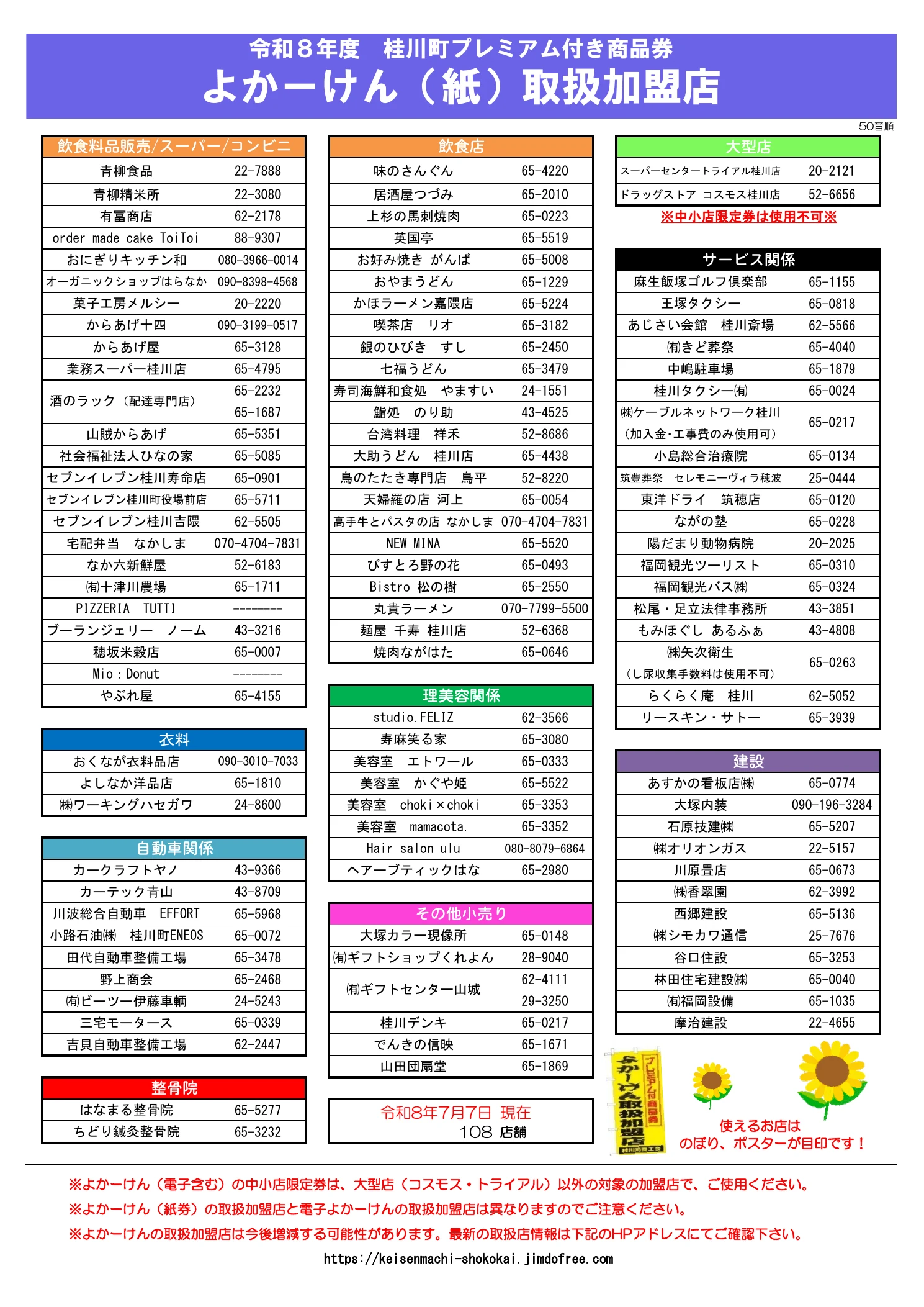 2026年7月7日現在108店舗を掲載した桂川町よかーけん紙券の取扱加盟店一覧