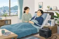 在宅人工呼吸器利用者と介助者のそばに非常用ポータブル電源がある様子のイラスト