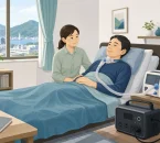 在宅人工呼吸器利用者と介助者のそばに非常用ポータブル電源がある様子のイラスト