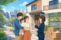 北九州市へ転入する子育て世帯が住宅の鍵を受け取るイラスト