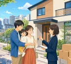 北九州市へ転入する子育て世帯が住宅の鍵を受け取るイラスト