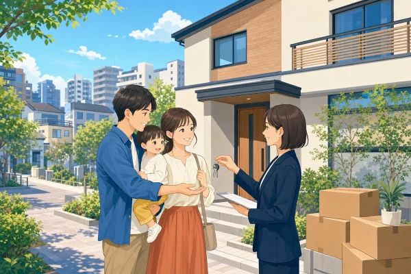 北九州市へ転入する子育て世帯が住宅の鍵を受け取るイラスト