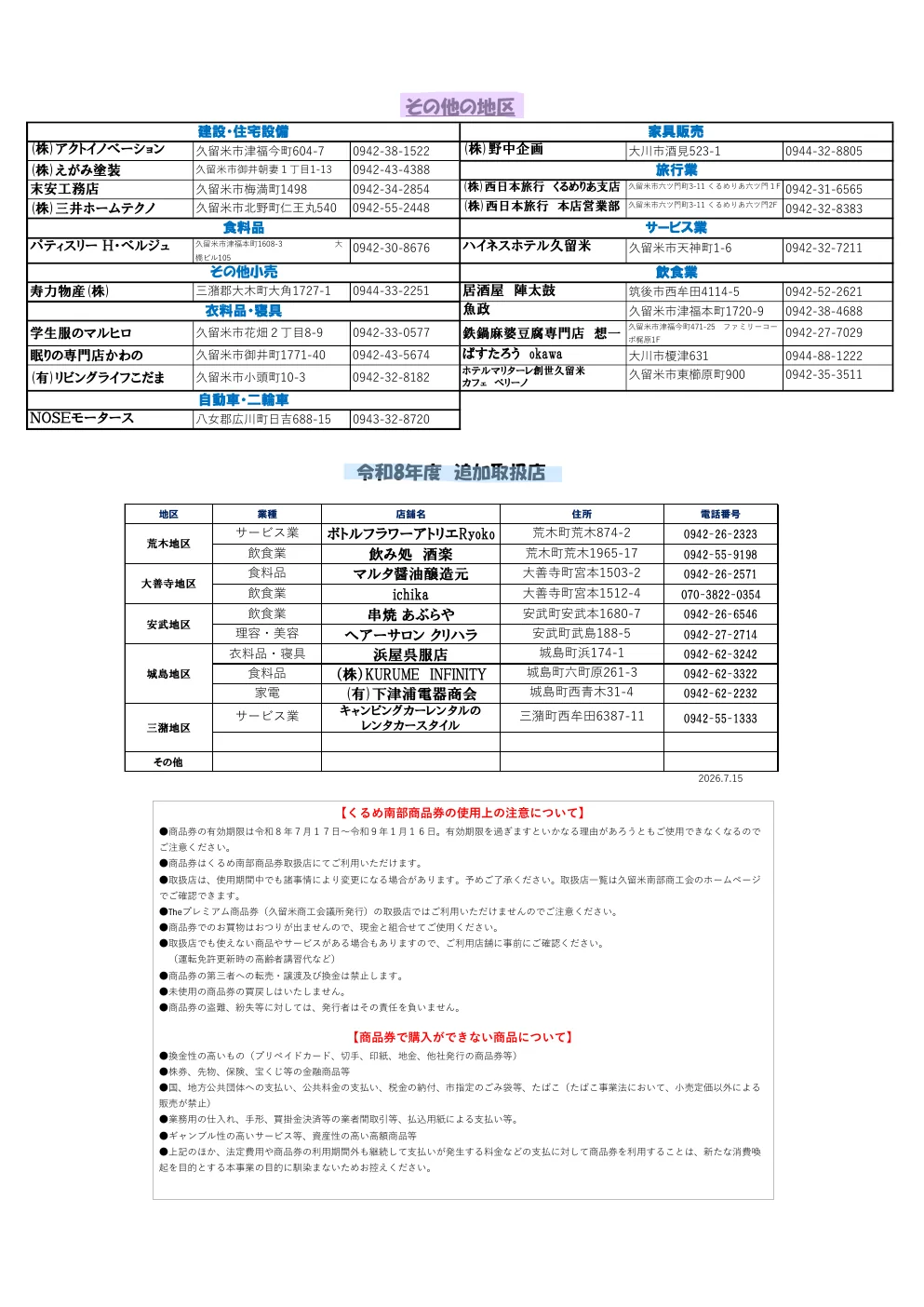 くるめ南部商品券2026の公式取扱店一覧4ページ目