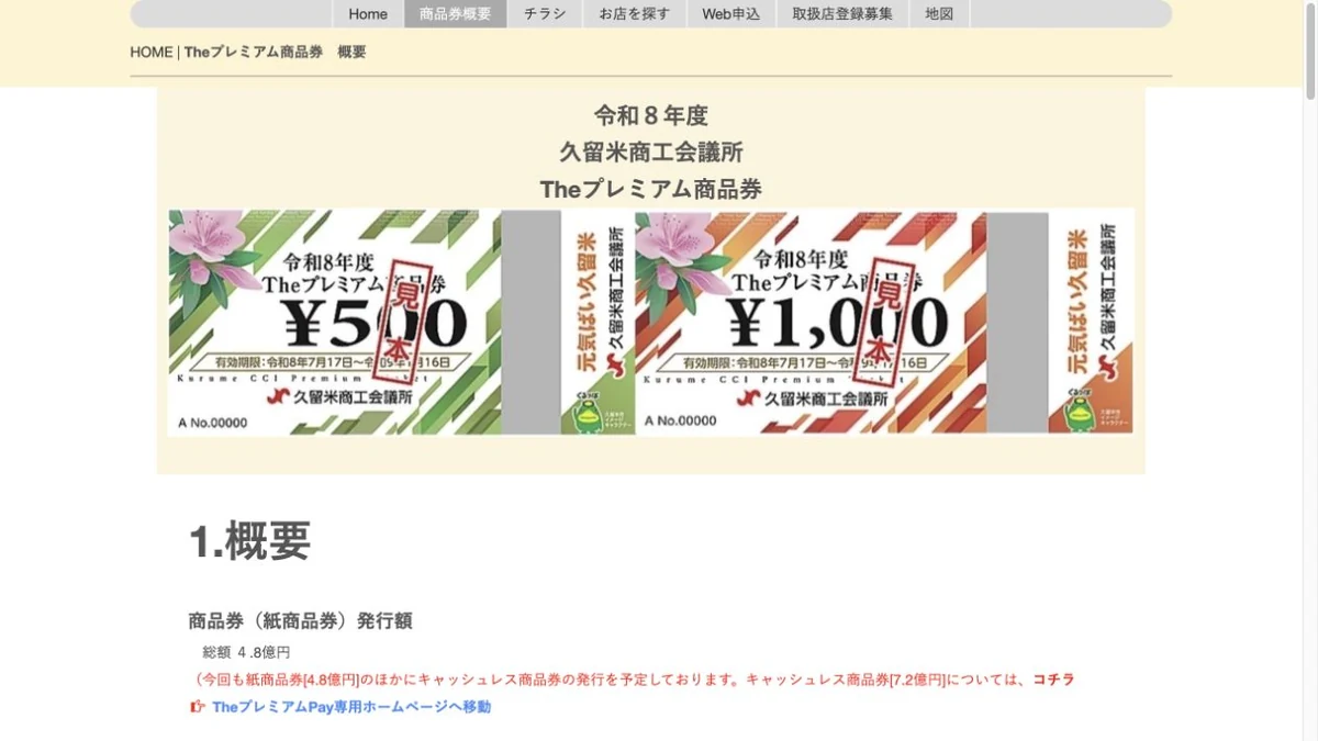 久留米商工会議所が公開するTheプレミアム商品券2026の500円券と1000円券の公式券面
