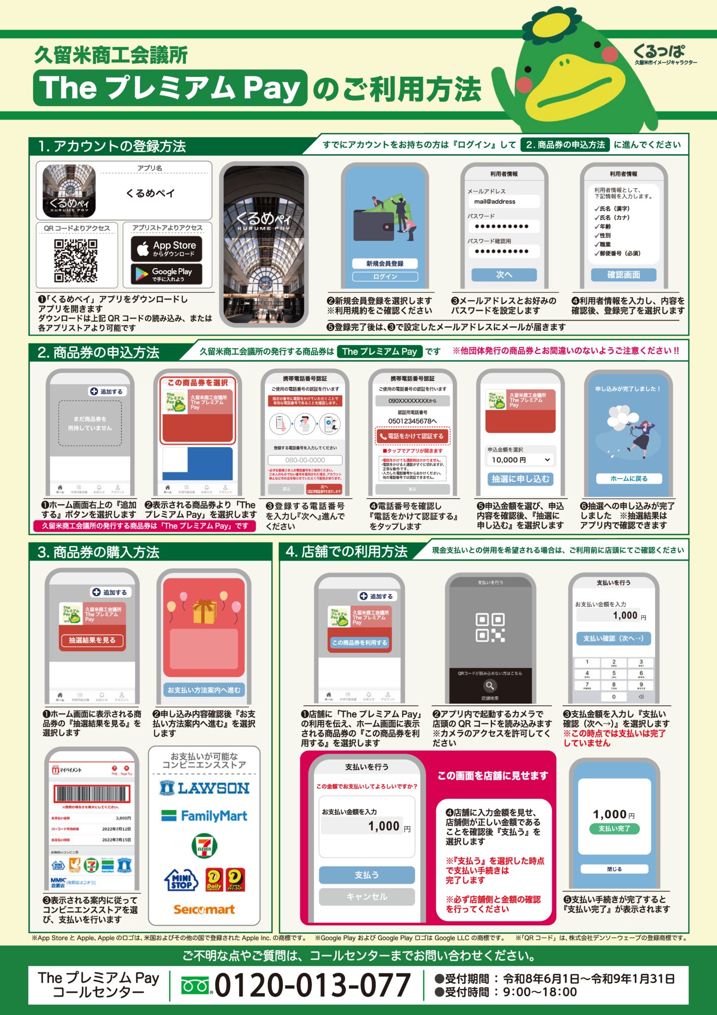 くるめペイのアカウント登録、商品券申込、購入、店舗でのQRコード決済方法を示す公式案内