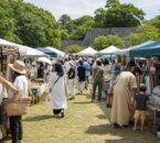舞鶴公園の緑と石垣を背景に開かれるフリーマーケット