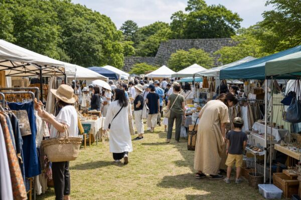 舞鶴公園の緑と石垣を背景に開かれるフリーマーケット