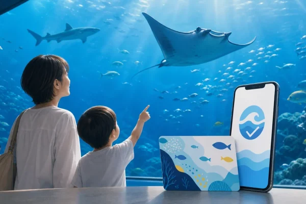 水族館の水槽とデジタル・カード型年間パスポートを表現したイラスト