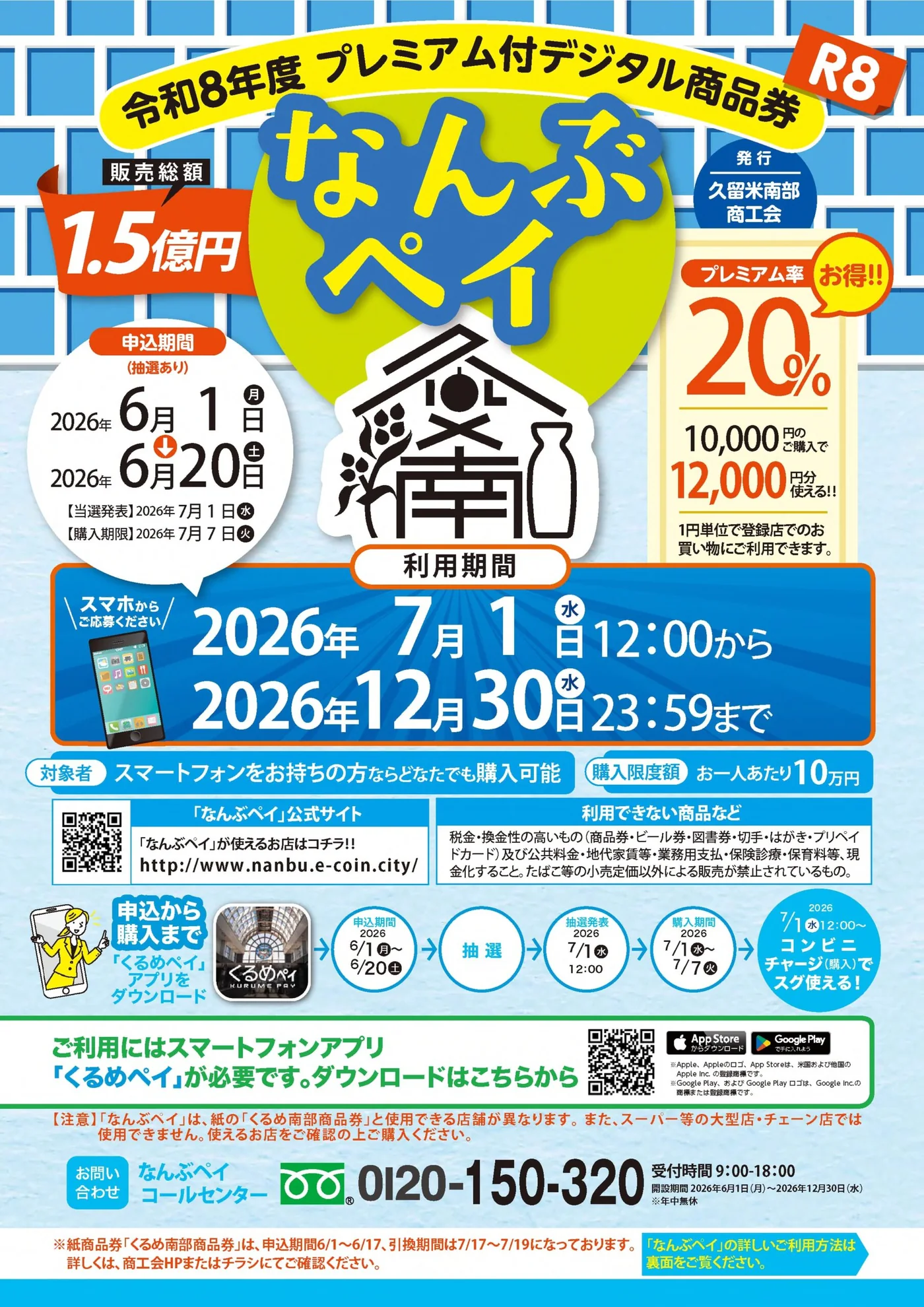 なんぶペイ2026の20%プレミアム、申込・購入・利用期間、購入対象と注意事項を示す公式案内