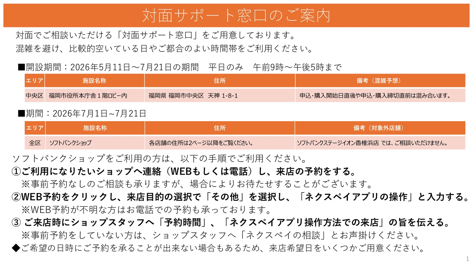 2026年7月21日までの福岡市役所とソフトバンクショップのネクスペイ対面サポート窓口案内
