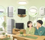 篠栗町の省エネ家電補助対象となるエアコン・冷蔵庫・テレビ・照明・給湯機のイラスト