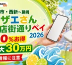 福岡市・西新から藤崎、サザエさん商店街通りペイ2026、20％お得、最大30万円、旧情報に注意と記した文字入りアイキャッチ