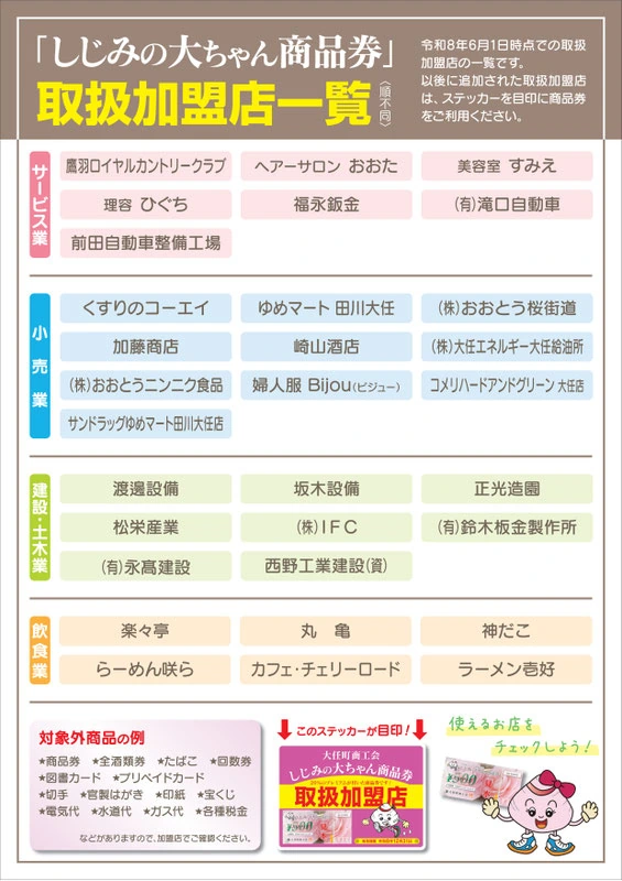 サービス業、小売業、建設土木業、飲食業の計31店と対象外商品の例を掲載したしじみの大ちゃん商品券2026公式加盟店一覧