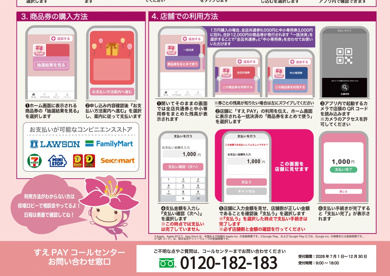 すえPAYの抽選結果確認、コンビニ支払い、店頭QRコード決済の手順を示す公式利用ガイド