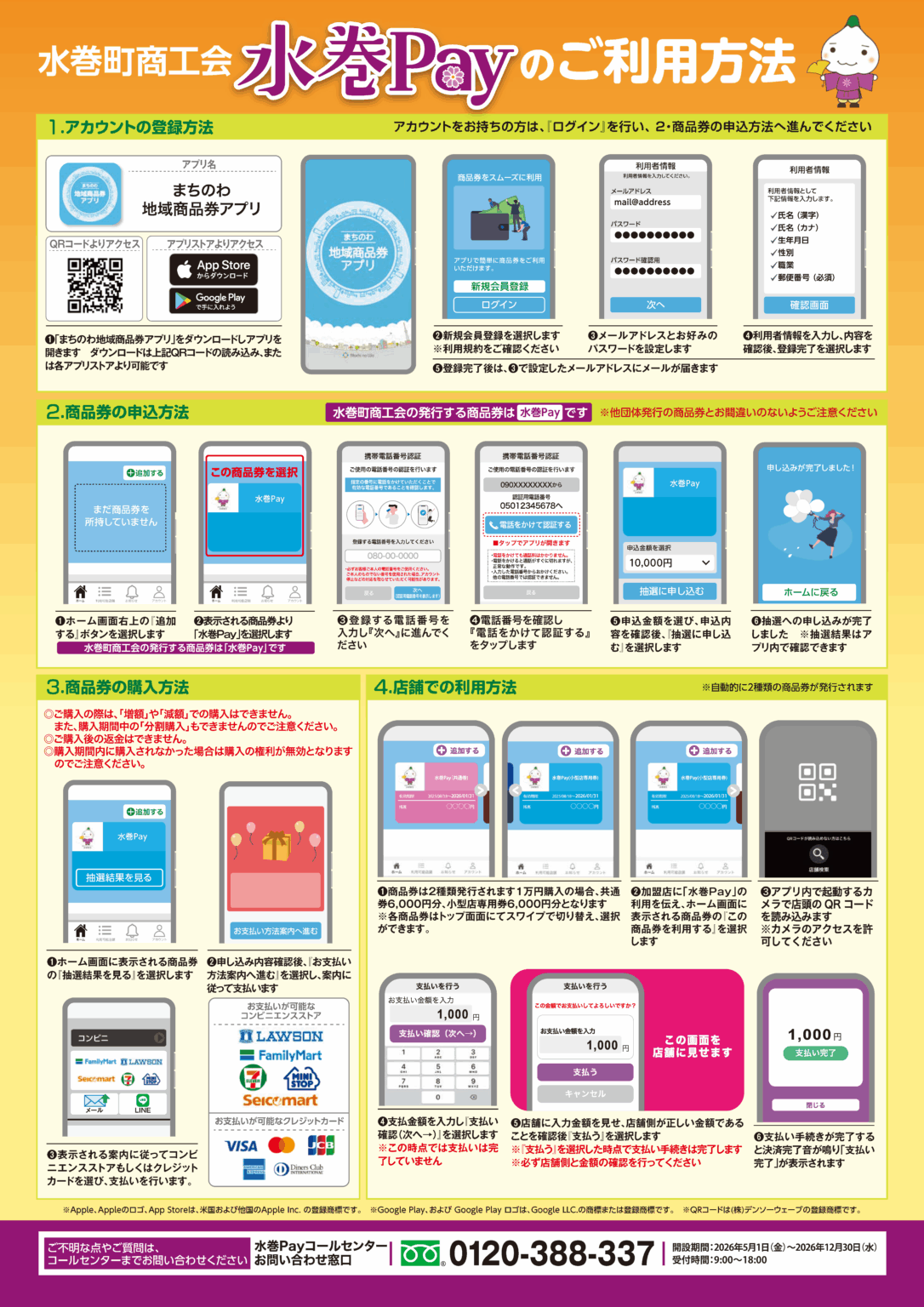 まちのわ地域商品券アプリの登録、申込、購入、店頭QRコード決済を説明する水巻Pay2026公式利用方法