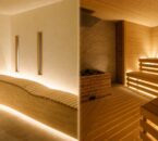 白い左官壁と淡い木材の女性側空間、木製ベンチのサウナ側空間を二分割で再構成したイメージ