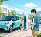 行橋市の次世代自動車補助を確認しながら電気自動車を充電する人のイラスト