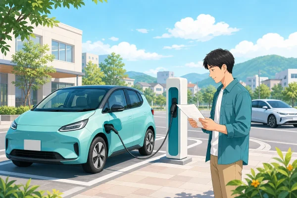 行橋市の次世代自動車補助を確認しながら電気自動車を充電する人のイラスト