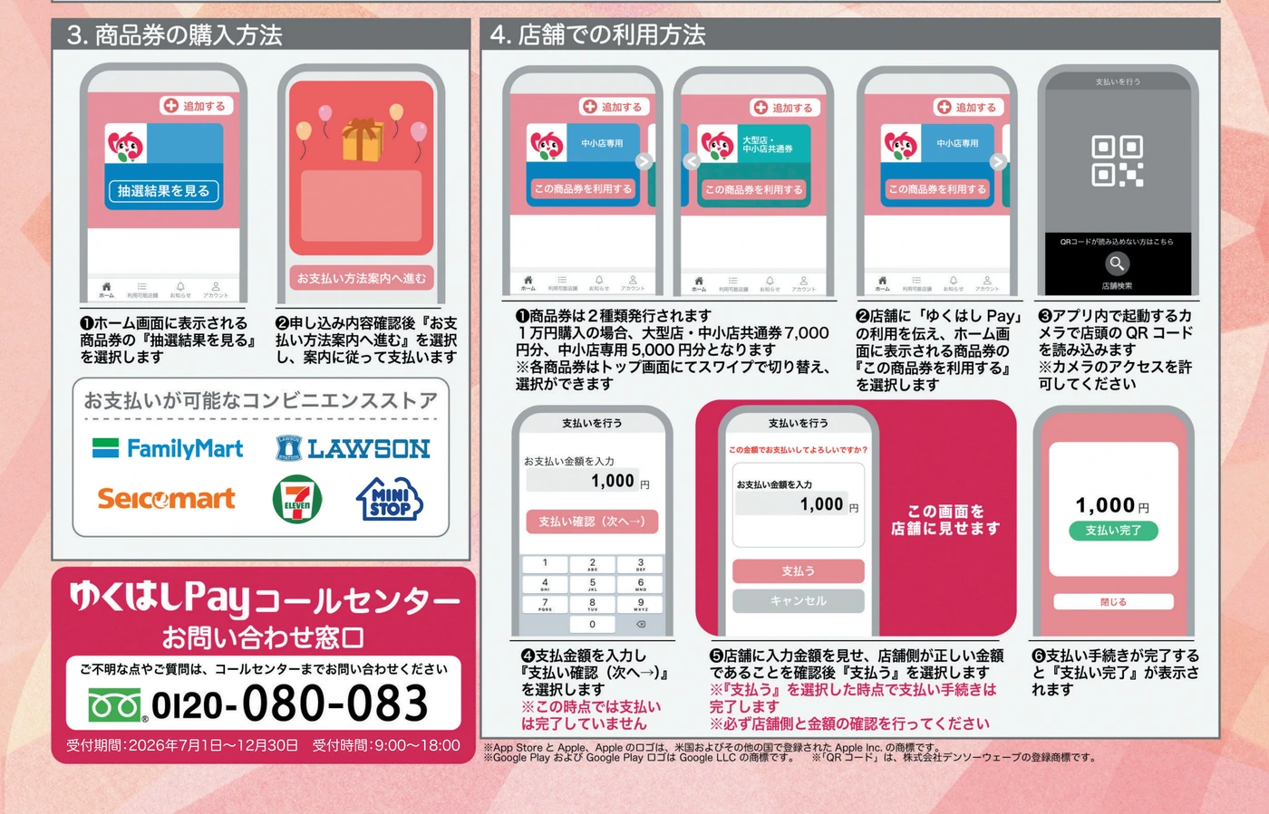 ゆくはしPayの抽選結果確認、コンビニ購入、店頭QRコード支払方法を示す公式ガイド