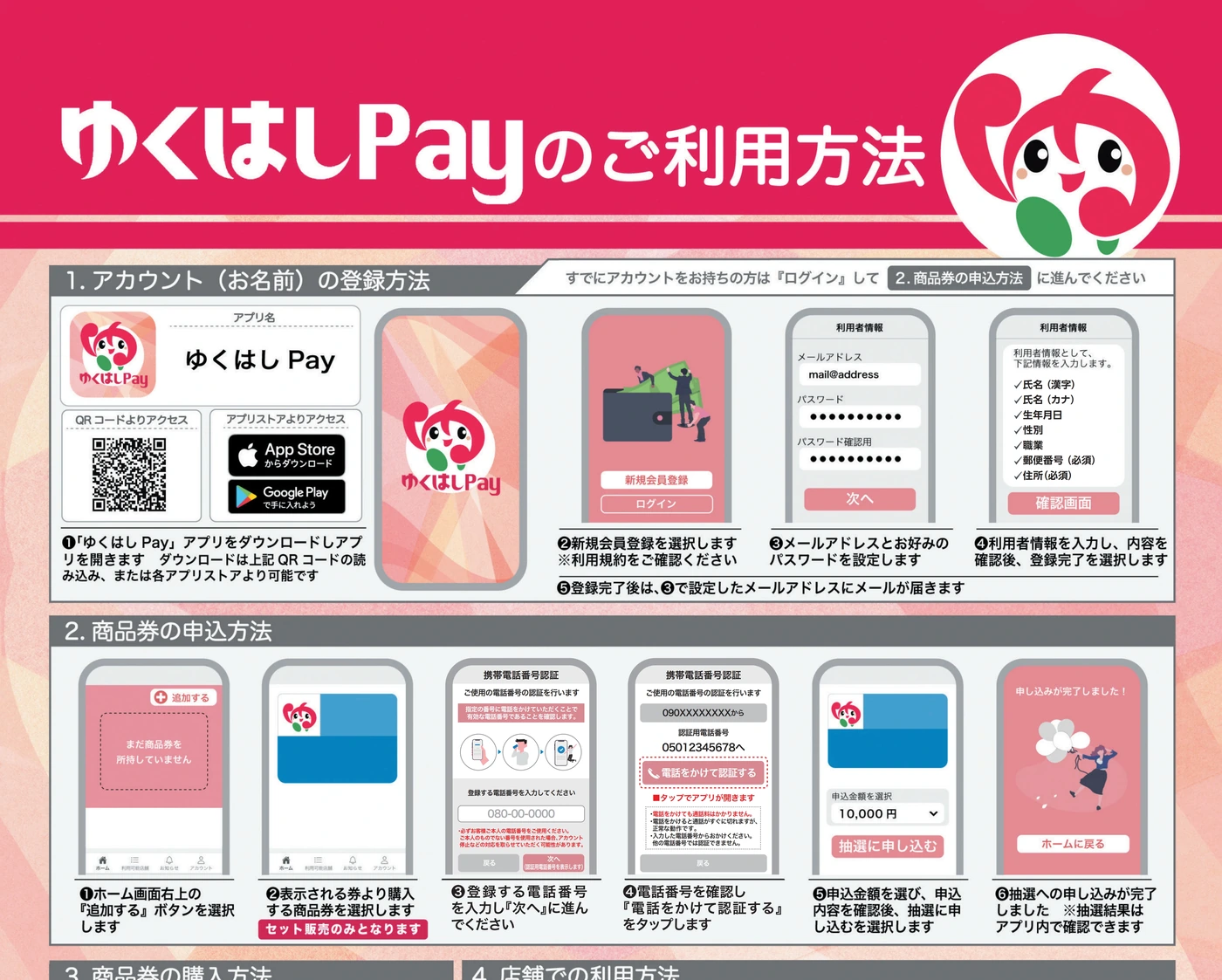 ゆくはしPayアプリの会員登録、電話番号認証、抽選申込方法を示す公式ガイド